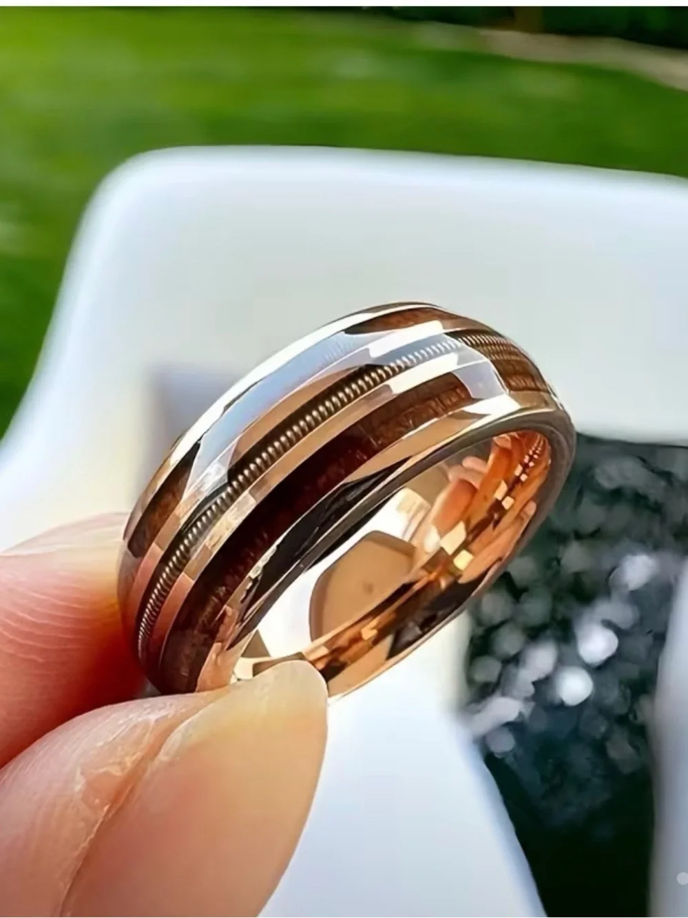 Men's Stainless Steel Wedding Band Ring with Wood and Guitar Strings Inlay 8mm